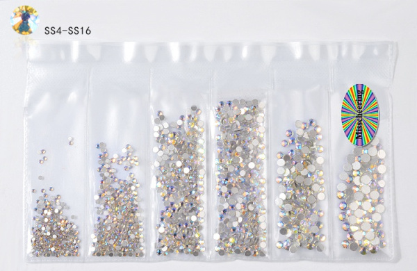 Стразы пламенные разноразмерные SS4/6/8/10/12/16 1364шт Голография