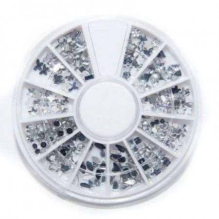 Стразы фигурные серебристые в круглом боксе