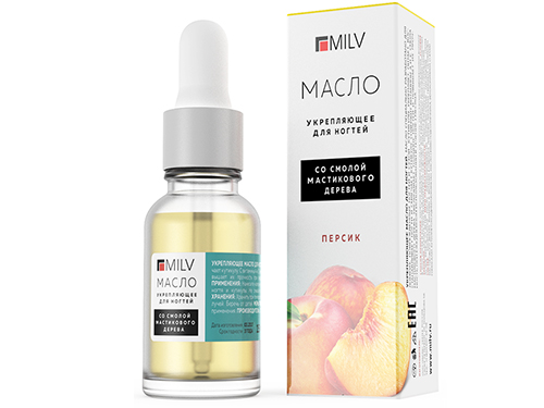 Масло для ногтей укрепляющее со смолой мастикового дерева Персик 15 мл Milv 