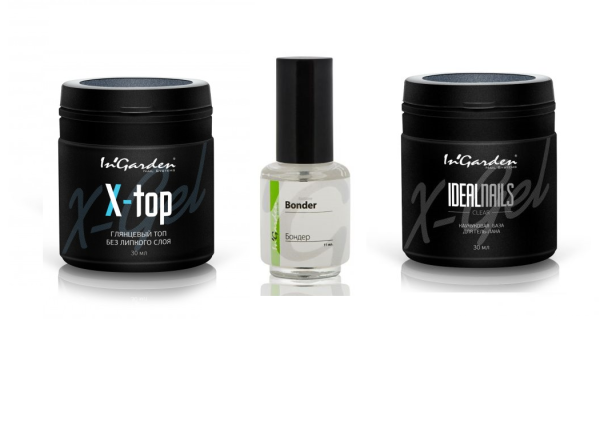 Набор Ingarden каучуковая база 30мл, топ без липкого слоя 30мл, бондер 11 мл